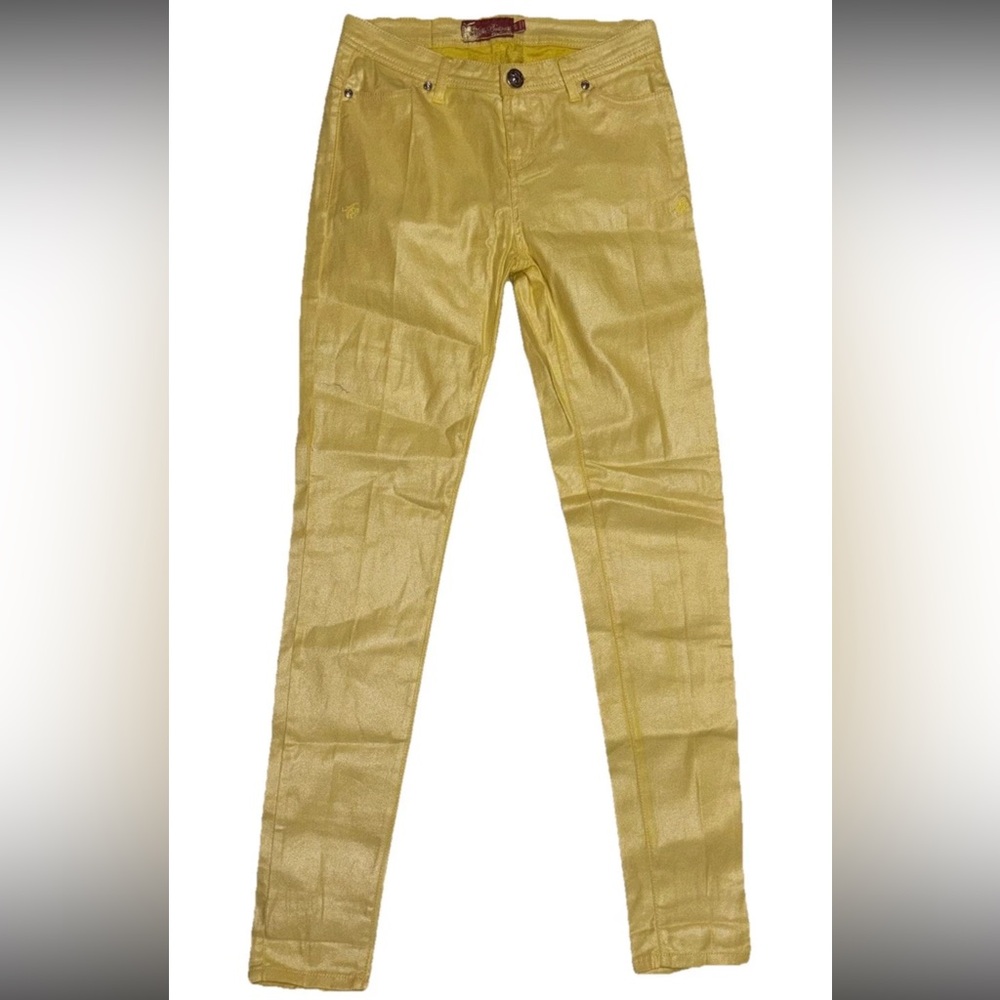 Apple Bottoms VTG Y2K Yellow / Gold Metallic Skinny Jeans  SZ.7/8 Bling pocket